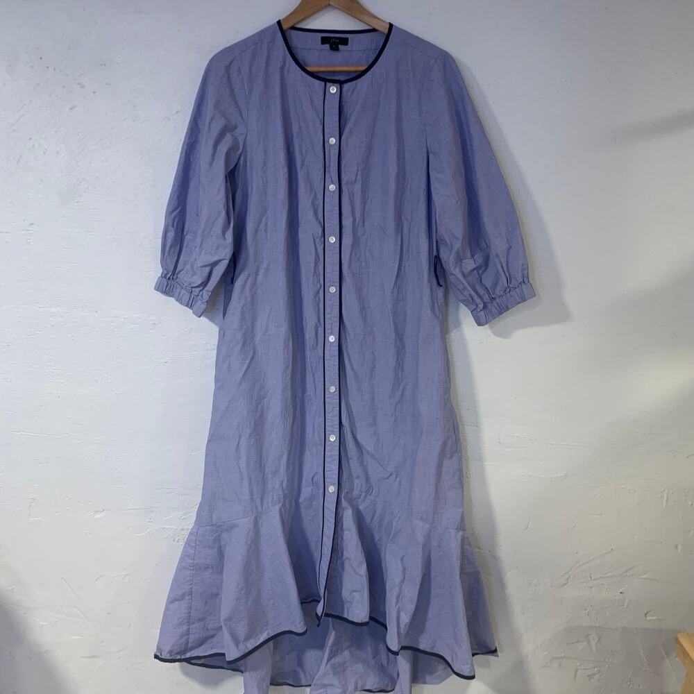 J. Crew light Blue Button-Front Midi Dress with Navy Trim